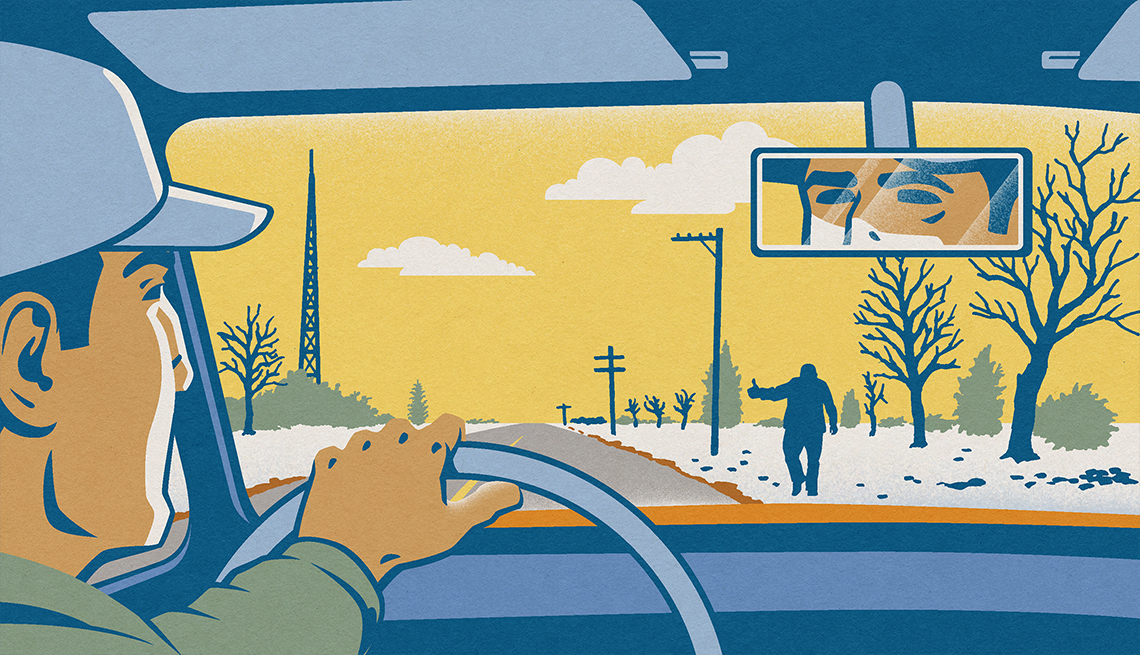 illustration of a man driving a vehicle and seeing the shape of a hitchhiker standing in the snow on the side of the road
