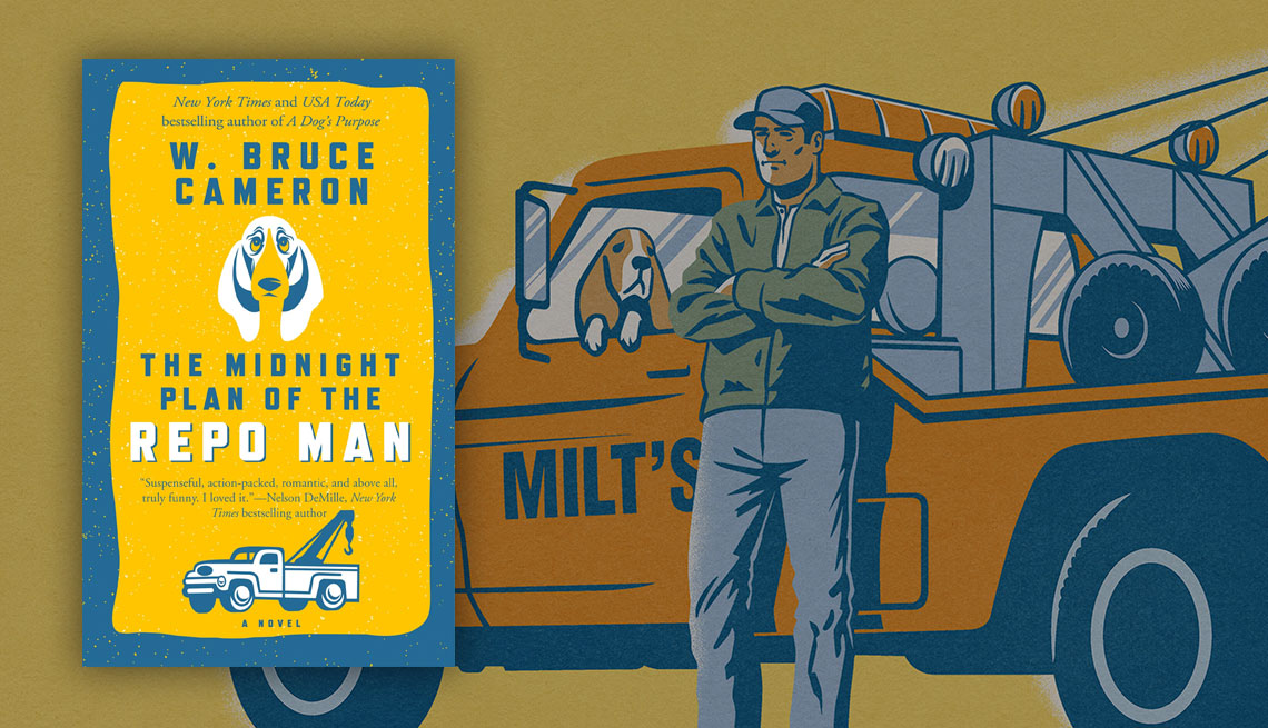 cover of 'The Midnight Plan of the Repo Man' by W. Bruce Cameron overlaid on illustration of man leaning against a tow truck with arms crossed and a dog in the front seat looking out the window