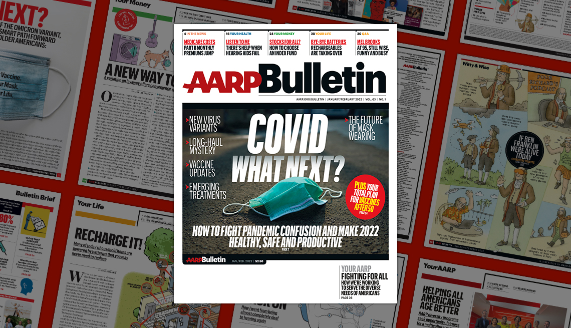 cover of a a r p bulletin covid what next with array of pages from the issue shown behind it