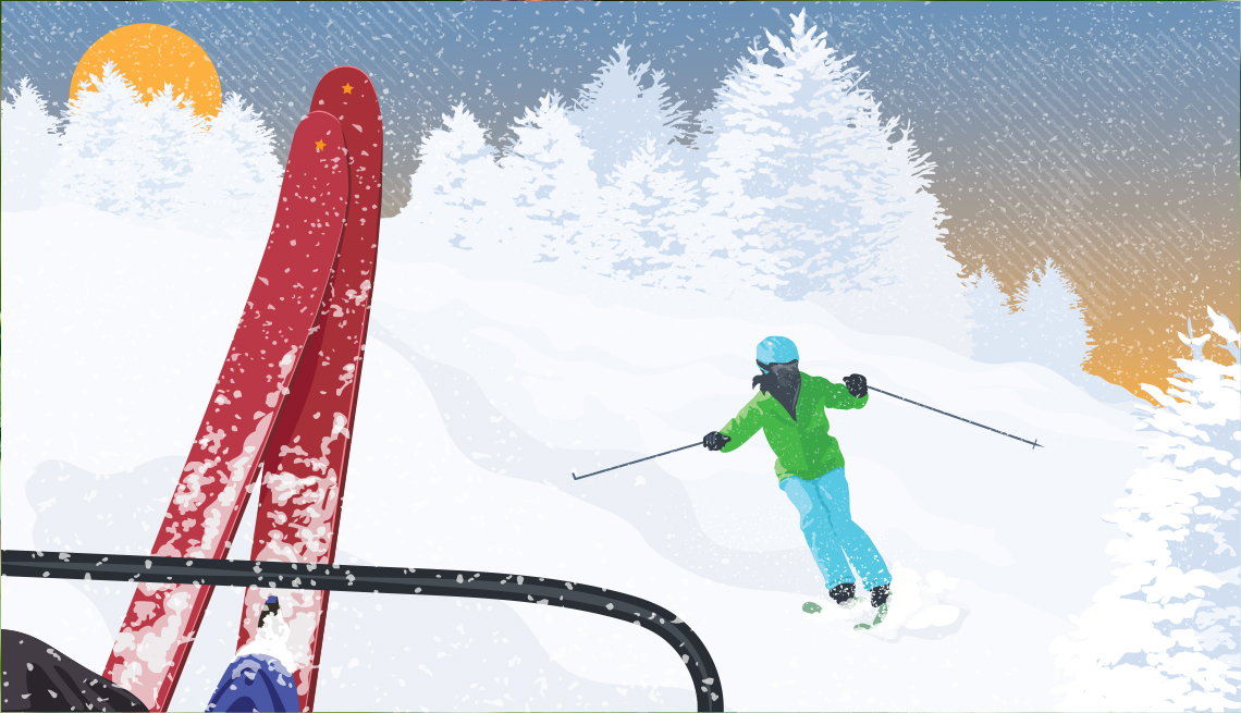 illustration of someone on a ski lift with only red skis visible above a skier on a snowy mountain wearing a green jacket and blue ski pants and helmet