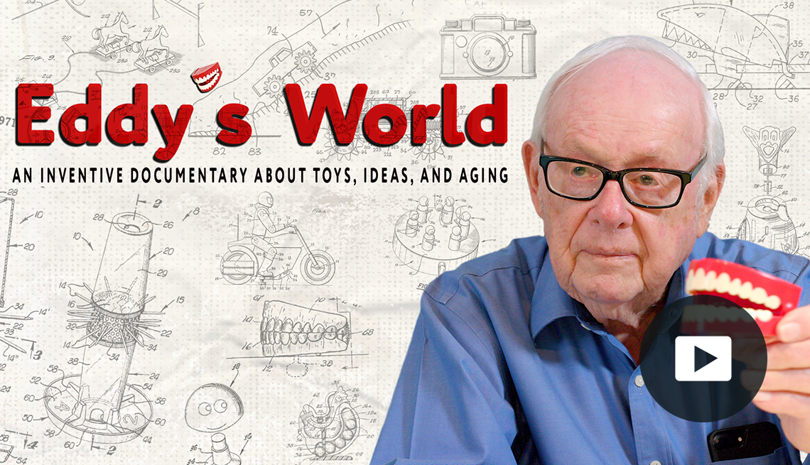 poster for Eddy's World an inventive documentary about toys, ideas, and aging, with photo of Eddy Goldfarb holding Yakity-Yak Talking Teeth against background covered with inventor sketches of various toys and games including the teeth; video icon overlay in bottom right corner