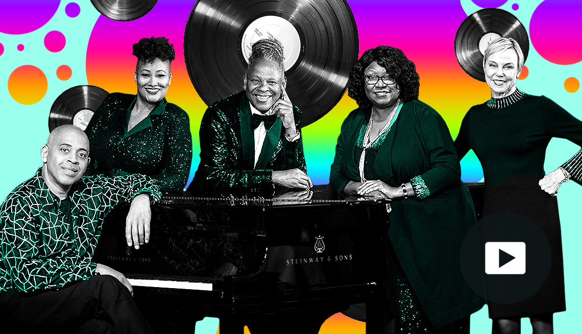 members of Moore By Four gathered around a piano against a colorful background with LP records, and video icon overlay
