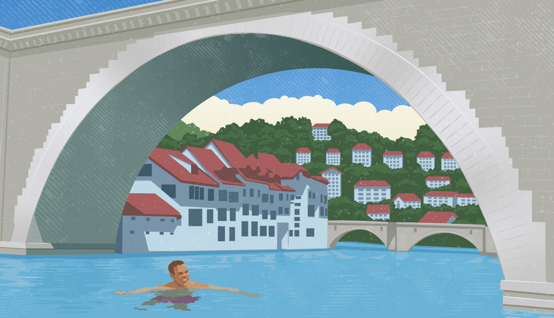 artwork showing a figure swimming in a river under an archway with a Swiss village in the background