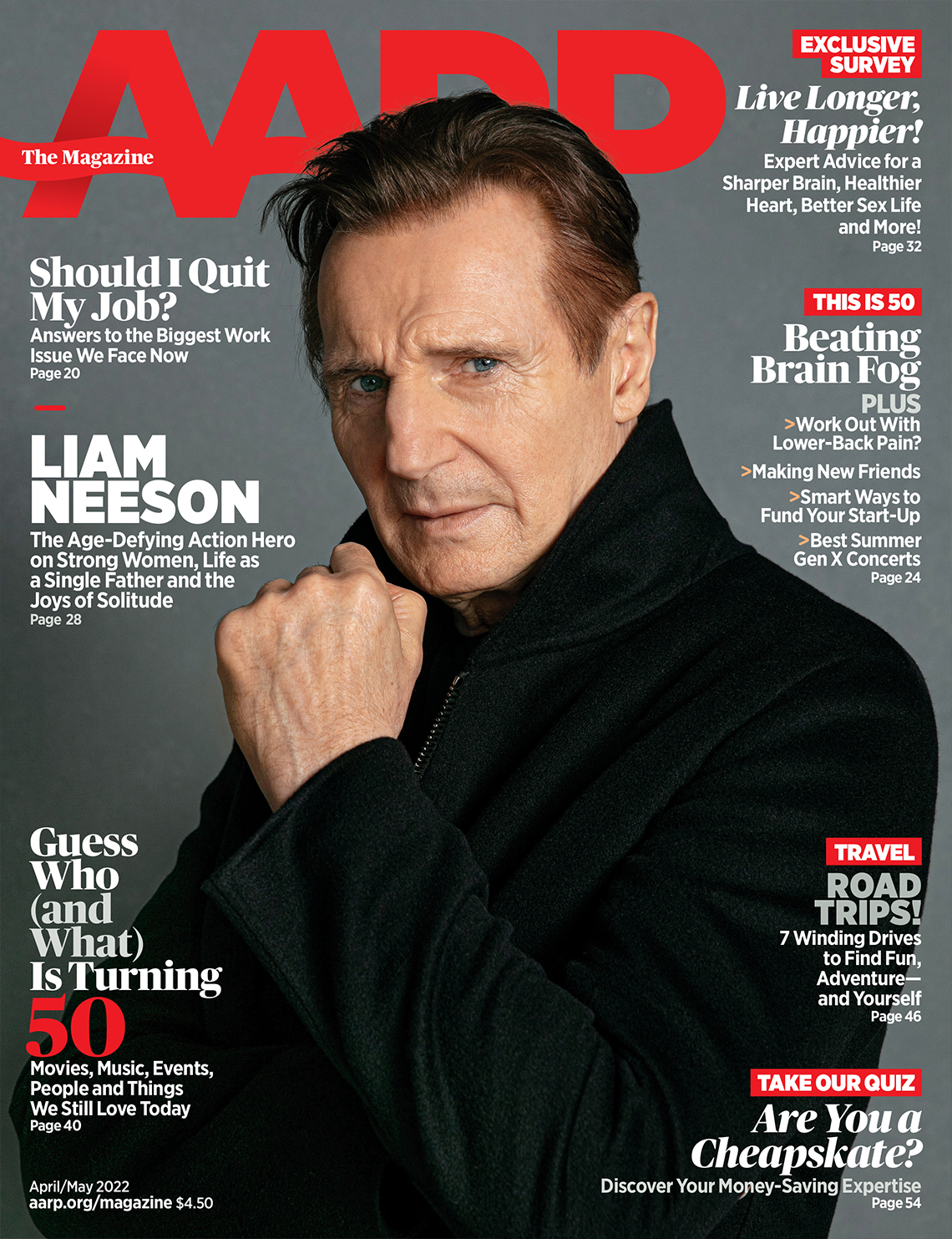 Liam Neeson, cover of AARP The Magazine April/May 2022 issue.