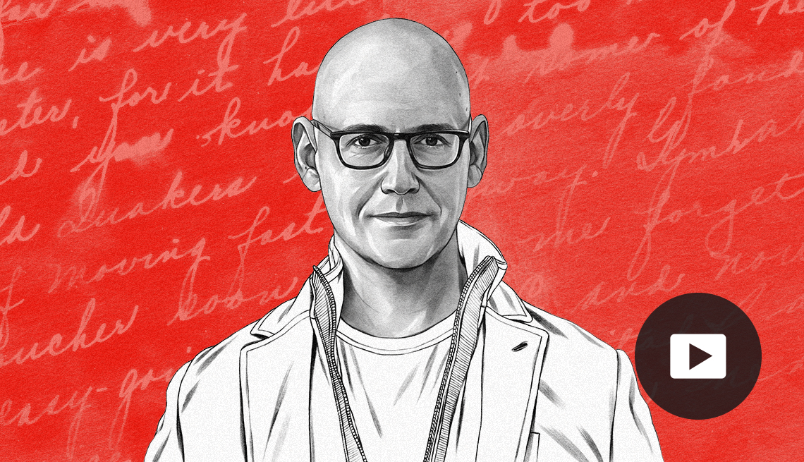 An illustration Author Brad Meltzer with white, cursive writing on a red background. Video play button in lower right corner.