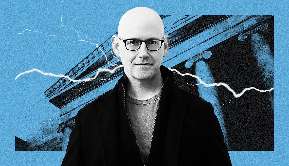 An illustration of author Brad Meltzer in front of a building with Roman columns and lightning