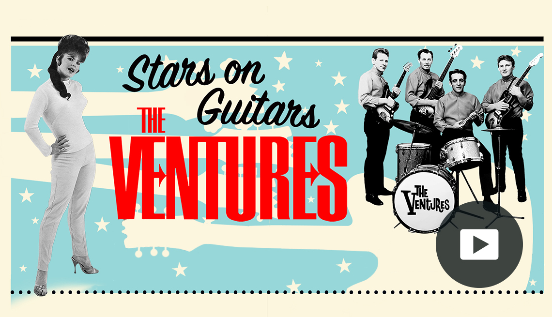 Stars on Guitars: The Ventures. Woman in 1950s clothing and members of the band pose. Video play button in right corner.