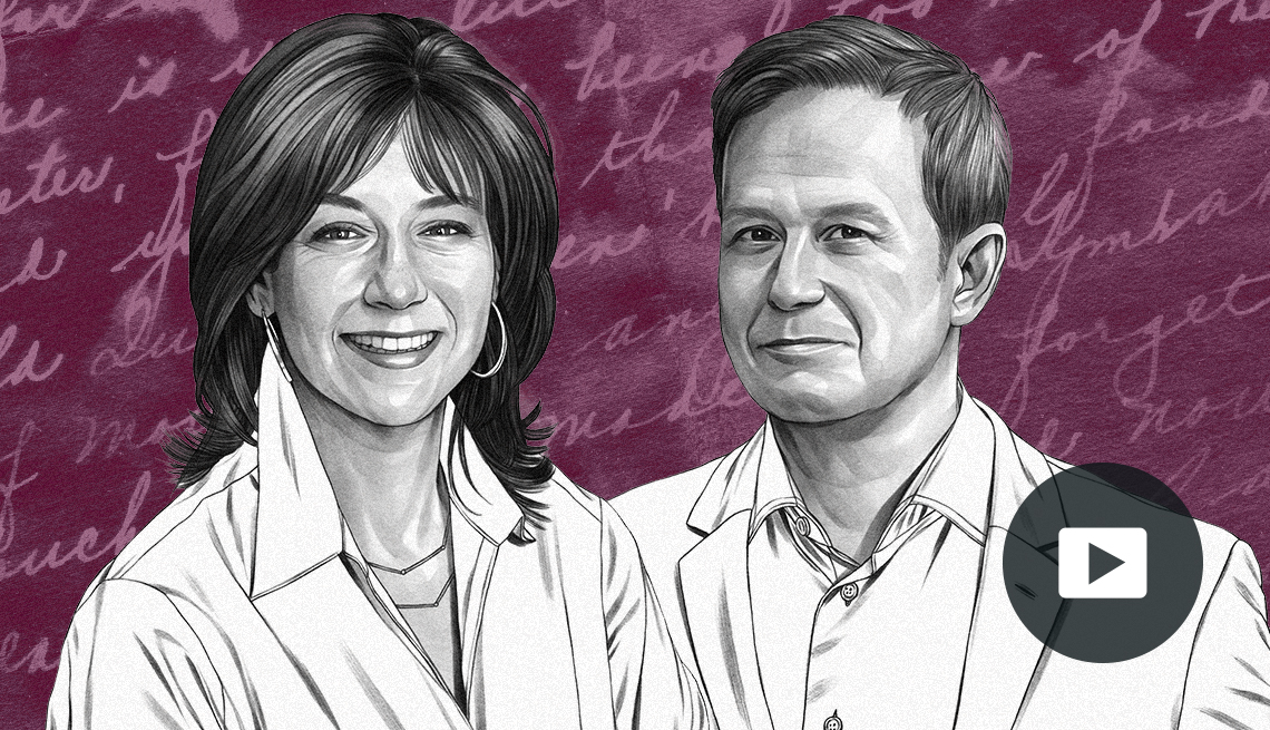 Illustrations of Stephen Perrine and Heidi Skolnik in front of a dark pink background with cursive writing. Video play button in lower, right corner