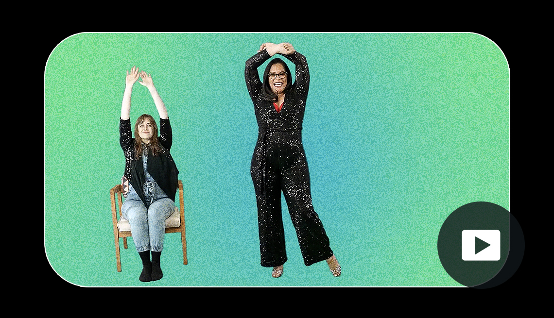 Molly Rabuffo dances in a chair, and Griselle Ponce dances while standing. Video play button in lower right corner.