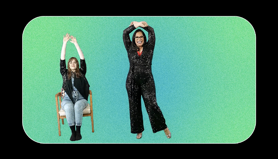 Molly Rabuffo dances in a chair, and Griselle Ponce dances while standing.