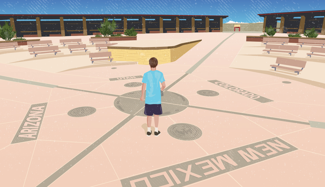 An illustration of Terri Marshall’s grandson, Marshall, standing on a map of Arizona, New Mexico, Colorado and Utah, with park benches in the background