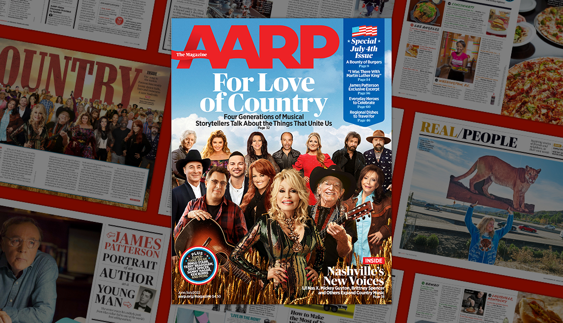 cover of a a r p the magazine june-july 2022 for love of country with Dolly Parton and other country music stars, with array of pages from the issue shown behind it