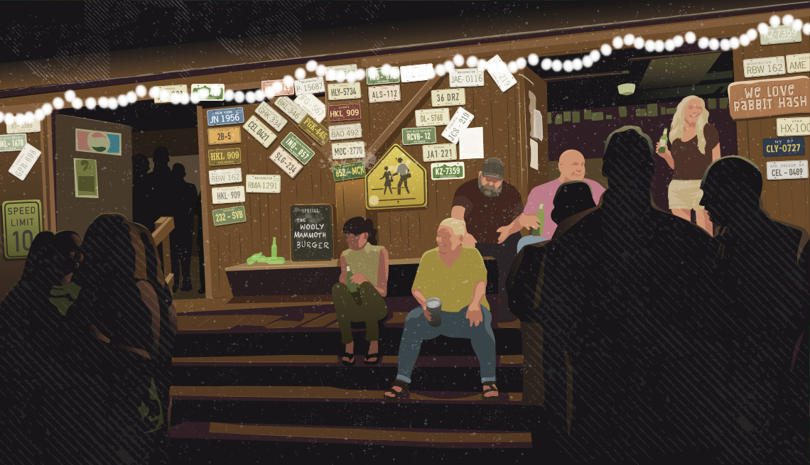 Illustration of a crowd gathered at an outdoor bar in Rabbit Hash, Kentucky. 