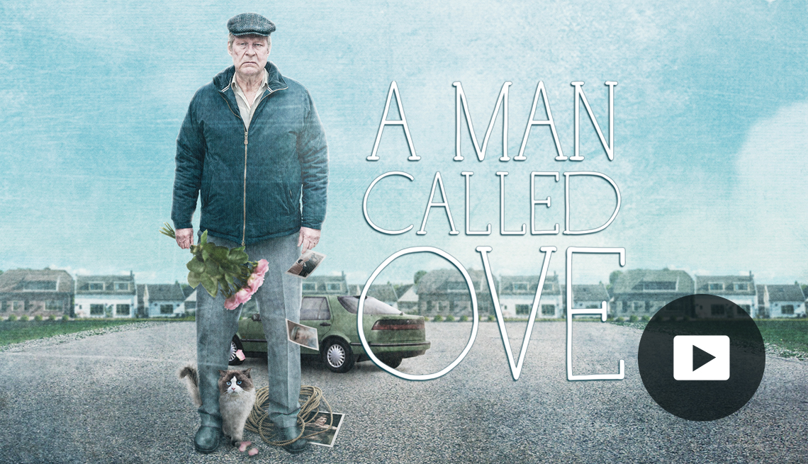 Actor Rolf Lassgård in a movie poster for A Man Called Ove. Video play button in lower right corner.