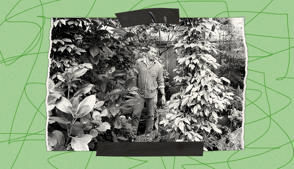 A photo of Crai S. Bower standing among vegetation. Pieces of black tape are above and below the photo. A green background with wavy lines surrounds the photo.