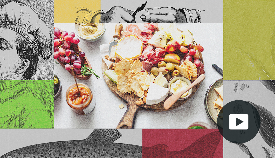 A photo of antipasti framed with illustrations of a fish, a chef, hands cutting fruit and a vegetable diagram. Video player icon in lower right corner.