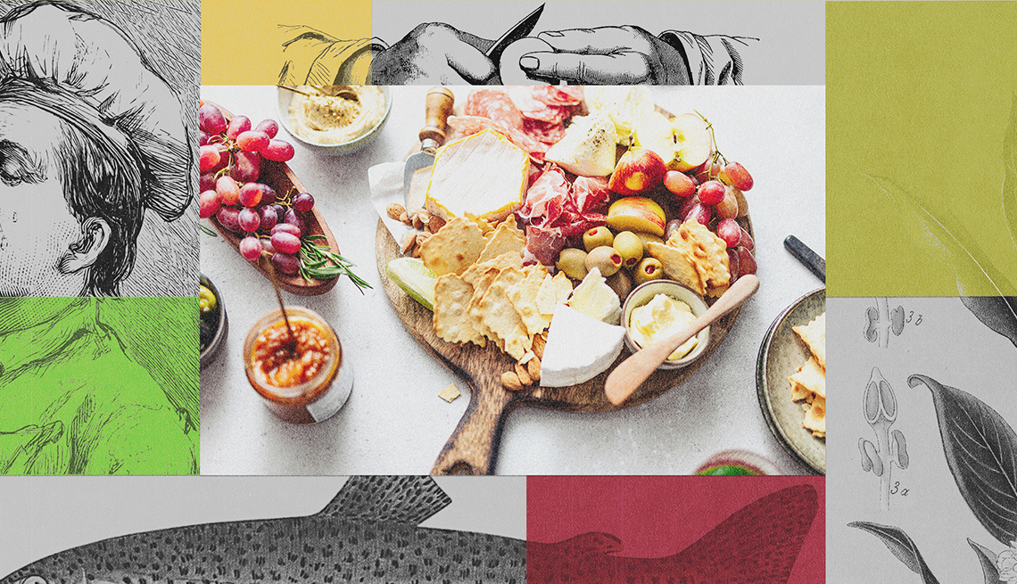 A photo of antipasti framed with illustrations of a fish, a chef, hands cutting fruit and a vegetable diagram