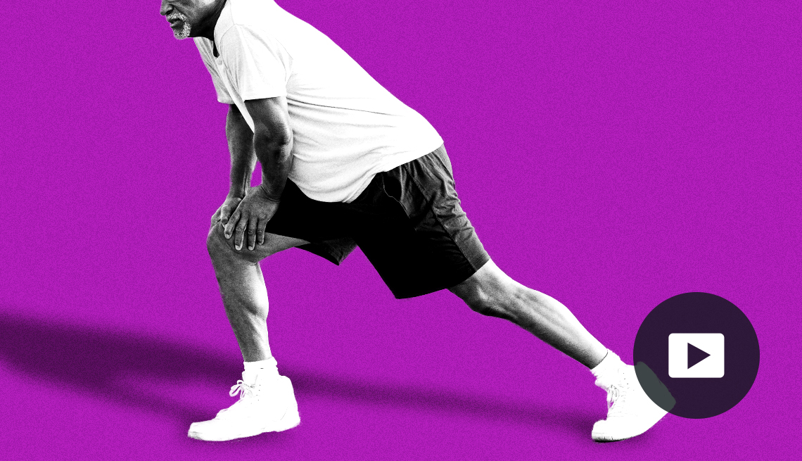 Man doing a leg stretch in front of a purple background. Video player icon.