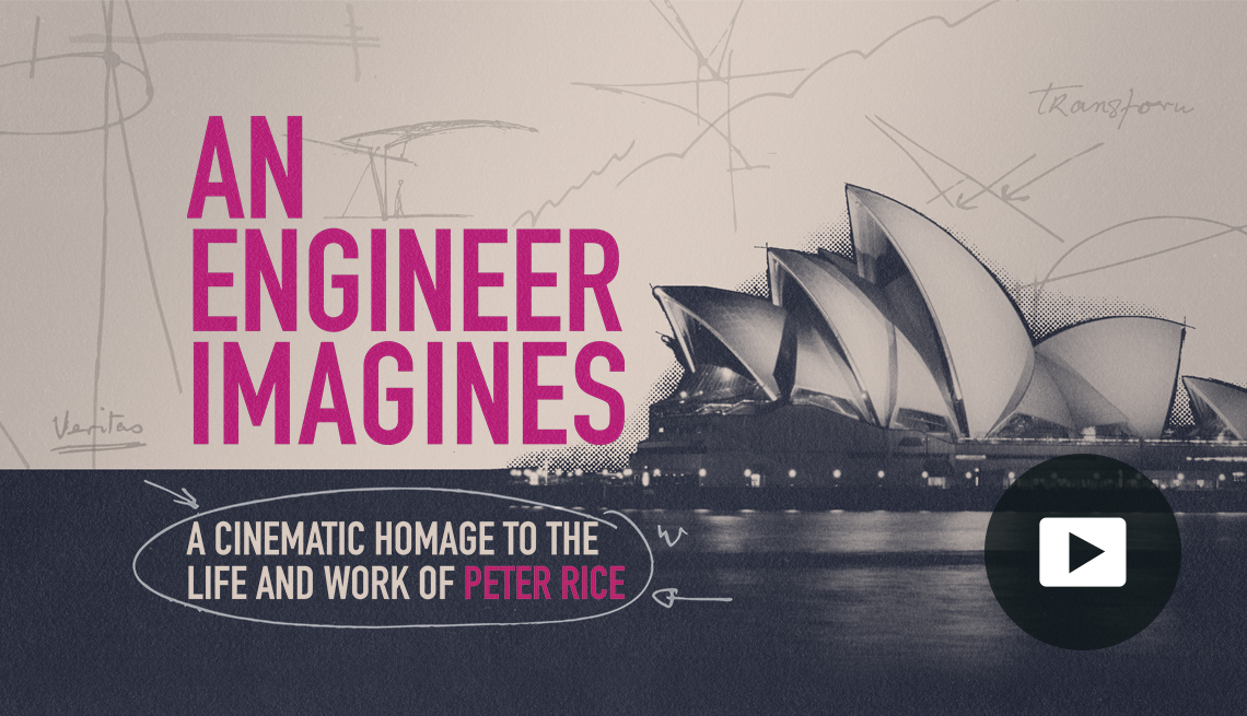 Title: An Engineer Imagines. A cinematic homage to the life and work of Peter Rice. Pencil drawings in background and a photo of Sydney Opera House. Video player button in lower right corner.