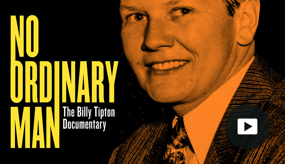 “No Ordinary Man: The Life and Death of Billy Tipton” documentary title with a photo of Billy Tipton. Video player button in lower right corner.