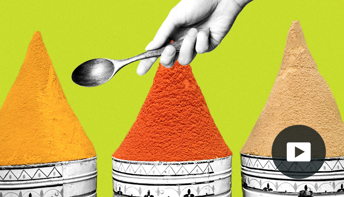 Illustration of three spices in containers and photo of a hand holding a spoon. Yellow background. Video play button in the lower right corner.