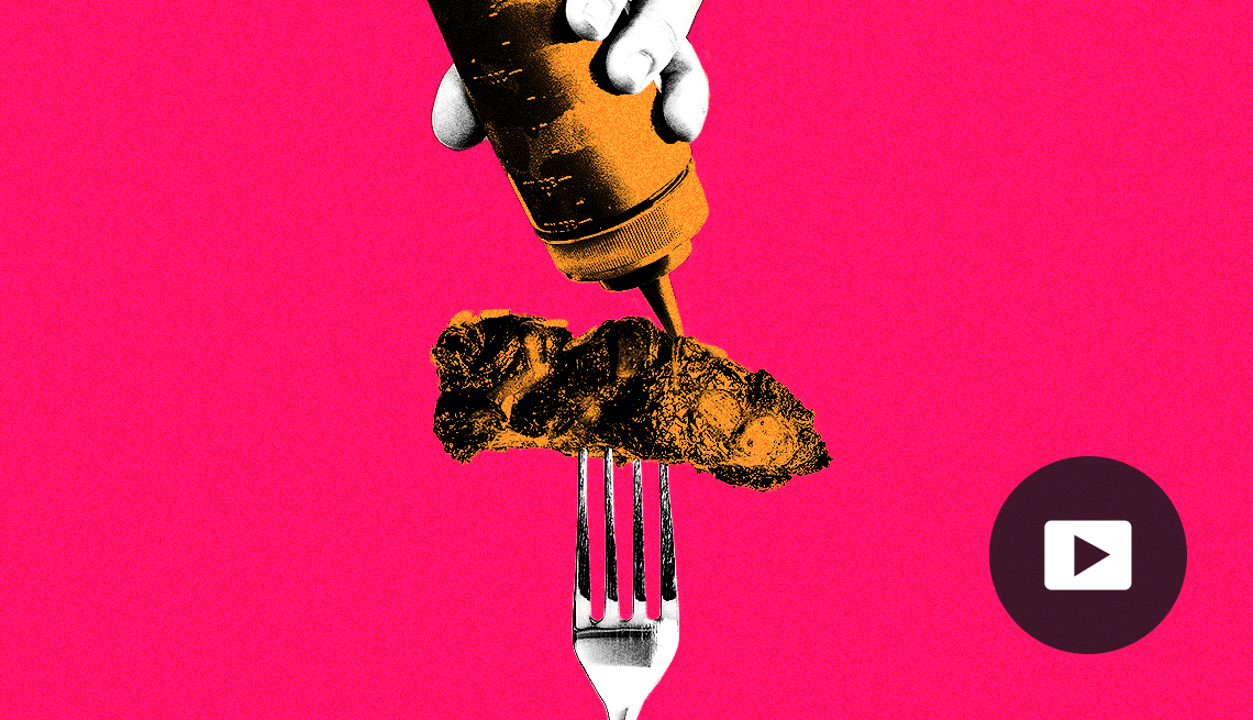 Photo illustration of a barbecue bottle, a baby back rib and a fork. Video play button icon.