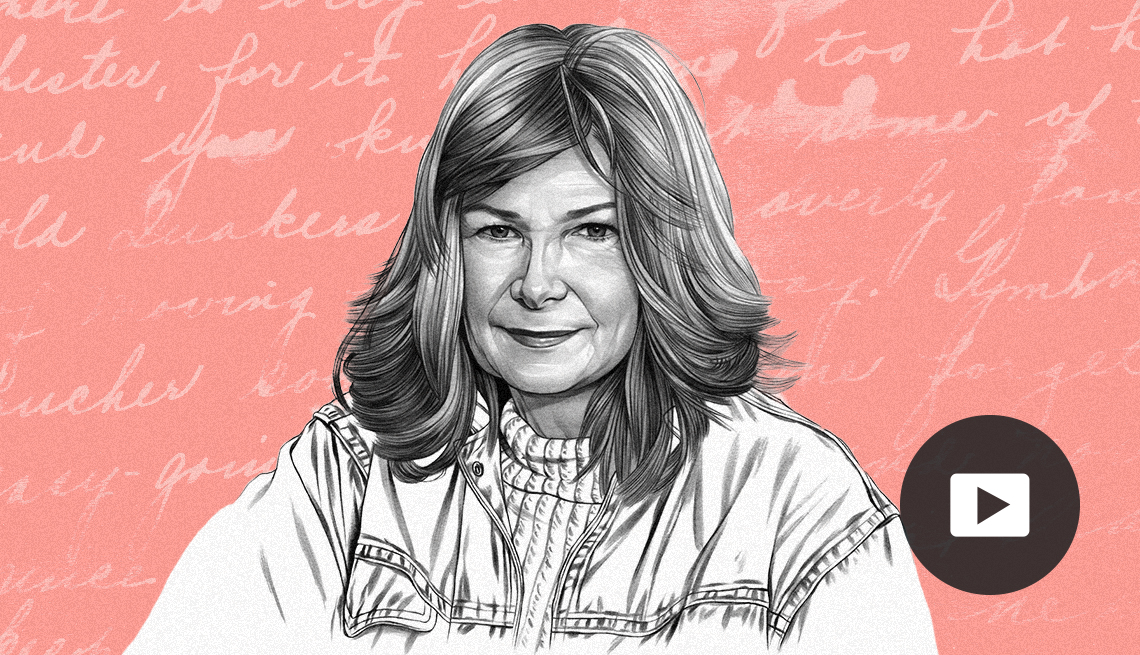 Illustration of Delia Owens with cursive writing in the background. Video player button in lower right corner