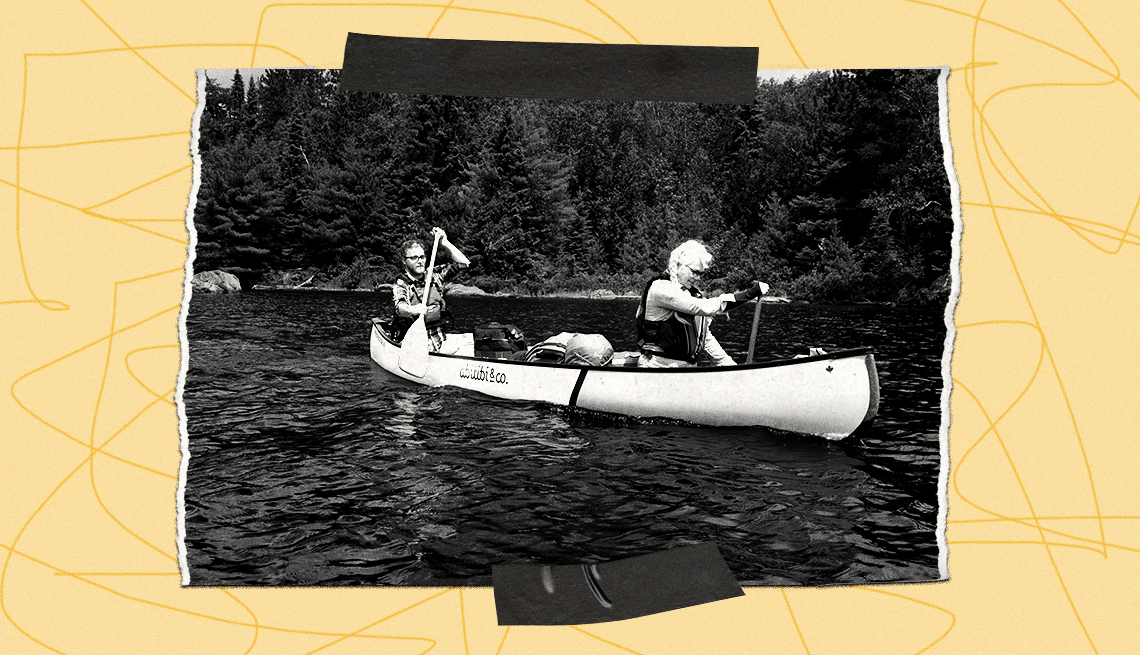 A photo of two people paddling a canoe in Quebec. Illustration of electrical tape on top and bottom of photo. Yellow background with squiggly lines frame the photo.