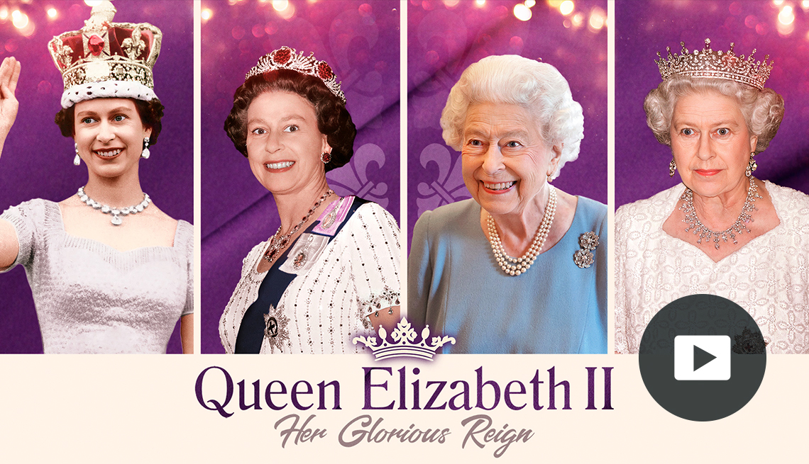 Queen Elkzabeth II The Glorious Reign movie poster. Video player button.