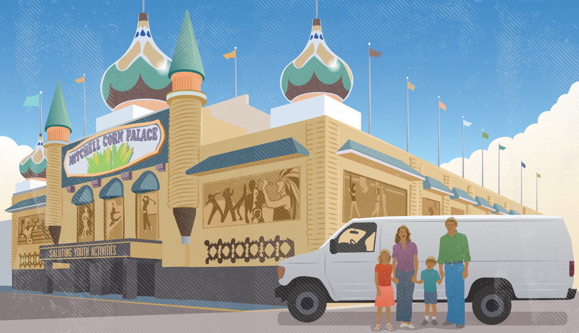 Illustration of a husband, wife, boy and girl standing by a white van parked in front of the Mitchell Corn Palace in Mitchell, South Dakota