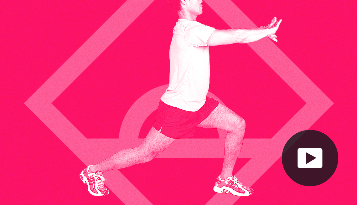 Photo of a man lunging and stretching. Geometric shape in background. Video player icon.
