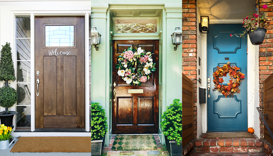 front doors to three different houses; first one is brown with the word welcome on it; second door is brown with a green, white and pink wreath on it; third door is blue with a wreath made out of orange leaves and small pumpkins