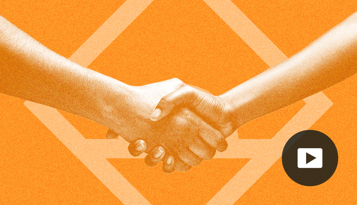 Photo illustration of a handshake in front of a geometric shape on an orange background. Video play button.