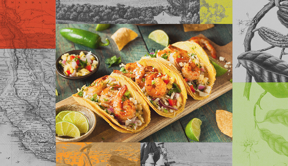A photo illustration of a plate of tacos.