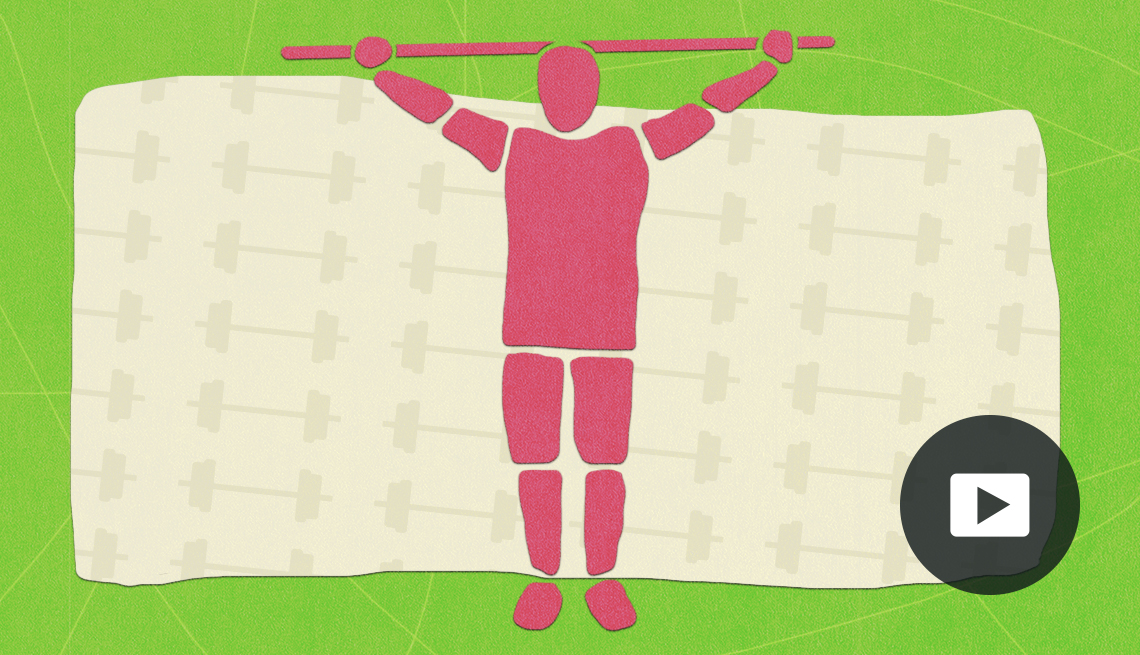 Illustration of a man exercising by holding a pole over his head. Dumbbells in the background. Video play button.