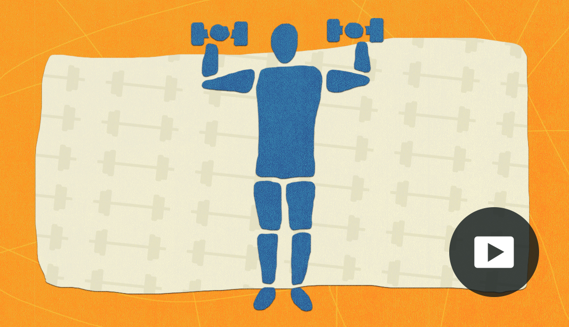 Illustration of a person doing shoulder presses with dumbbells. Video play button