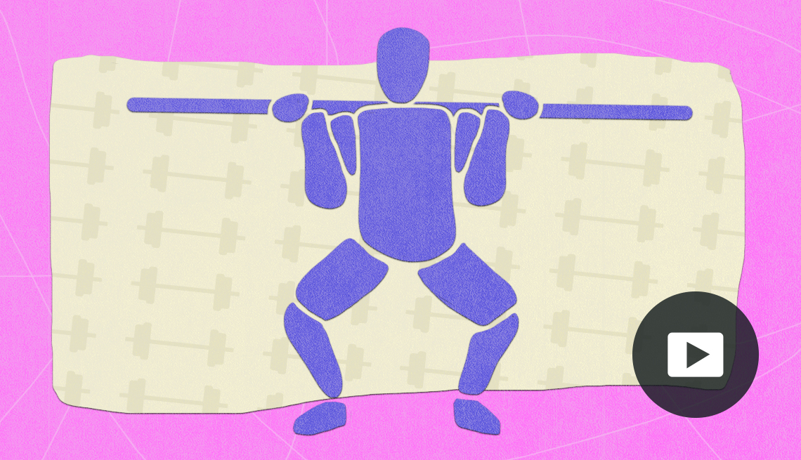 Illustration of a person squatting with a bar. Video play button.