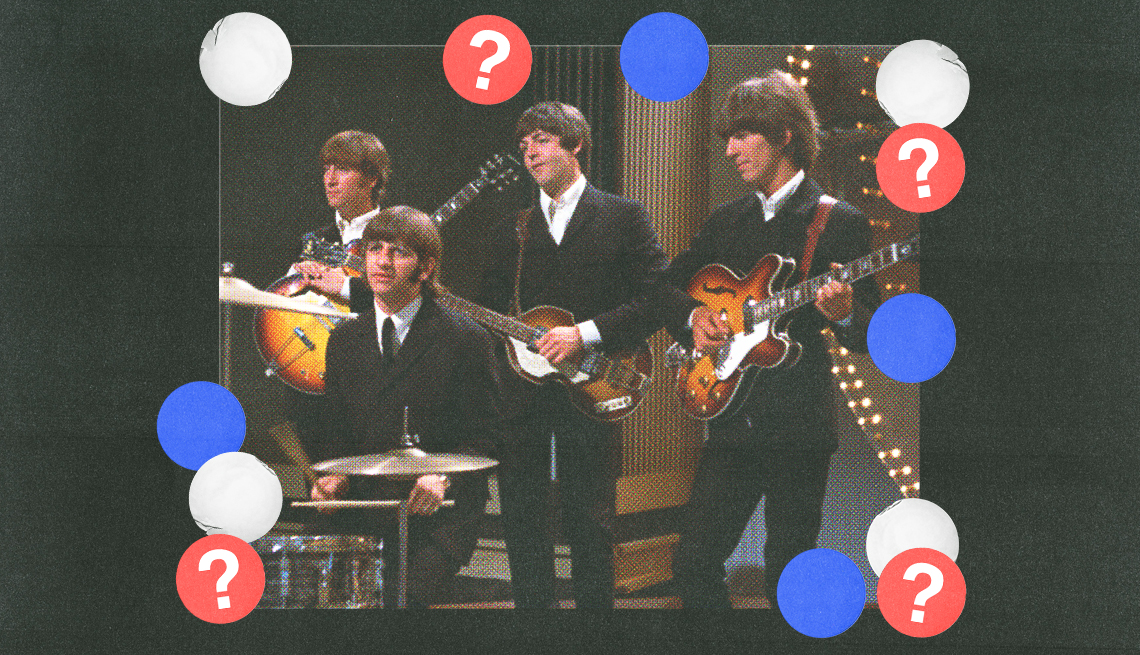 the beatles, including john lennon, paul mccartney, george harrison and ringo starr playing instruments; red, white and blue circles with question marks surround them; black background