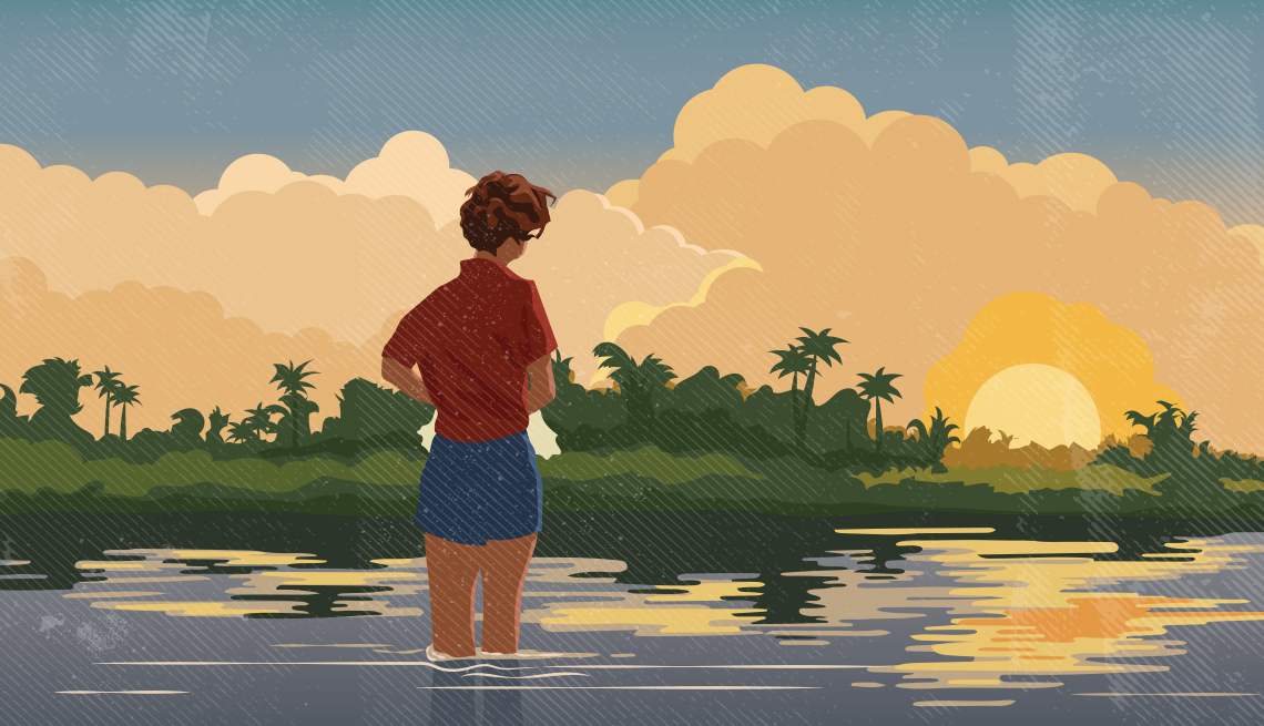 Illustration of a woman standing in a river while watching a sunset. 