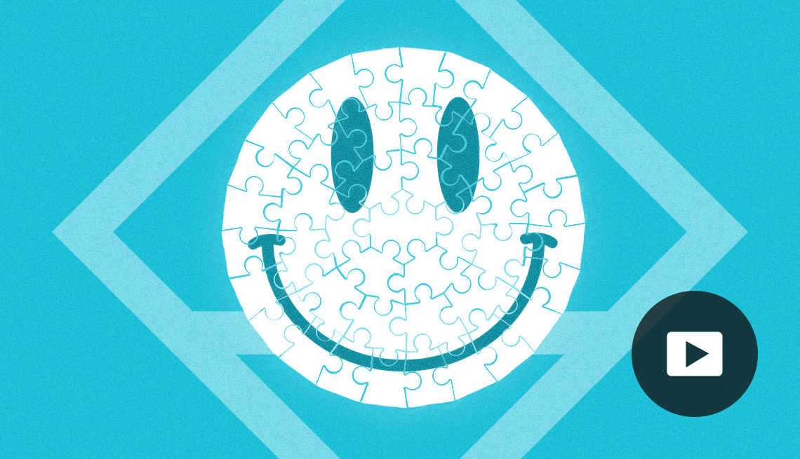 white puzzle of smiley face surrounded by light blue diamond on a blue background; play button on bottom left corner