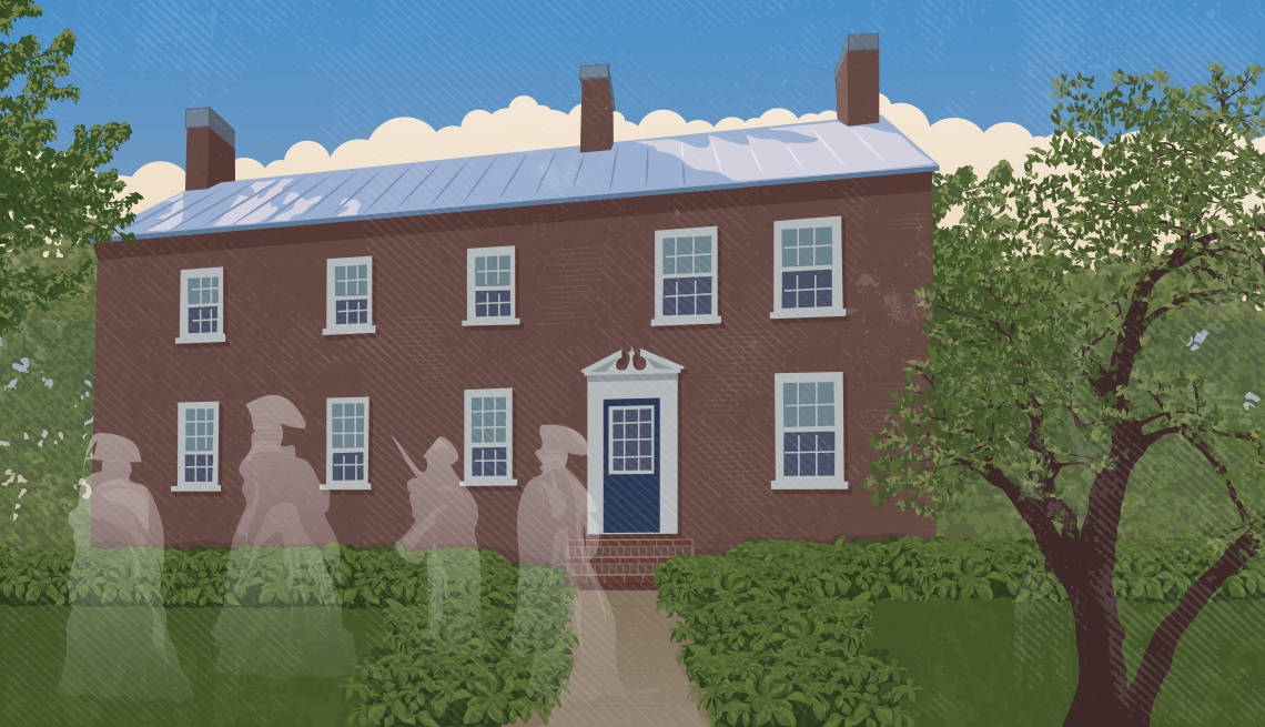 illustration of colonial red brick house with five windows on the second story and four windows and a door on the first story; trees on both sides and bushes in front; outline of four people dressed in colonial outfits in front of house