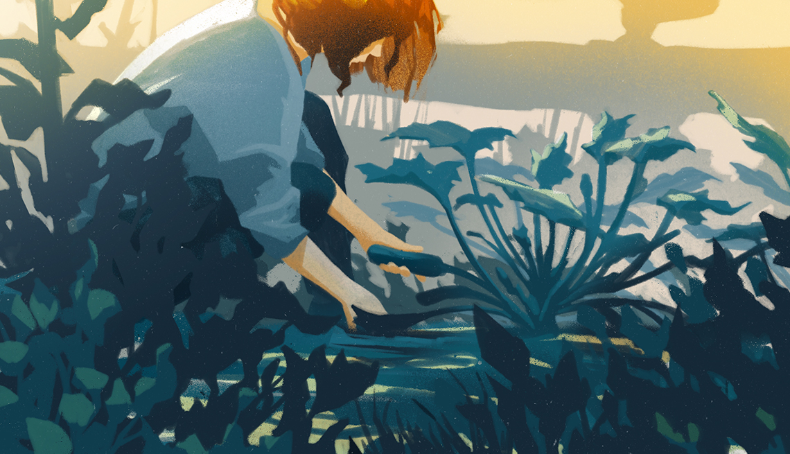 illustration of a woman crouching down in a garden, touching a plant