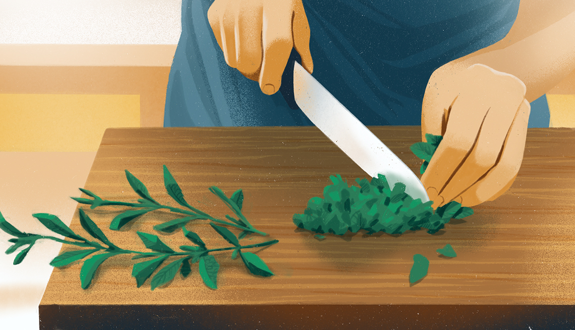 illustration of hands holding knife, chopping mint on cutting board