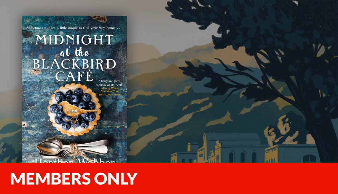 cover of Midnight at the Blackbird Cafe by Heather Webber overlaid on an illustration depicting buildings on a small-town street with mountains behind them and a tree with birds in its branches, members only access banner across bottom
