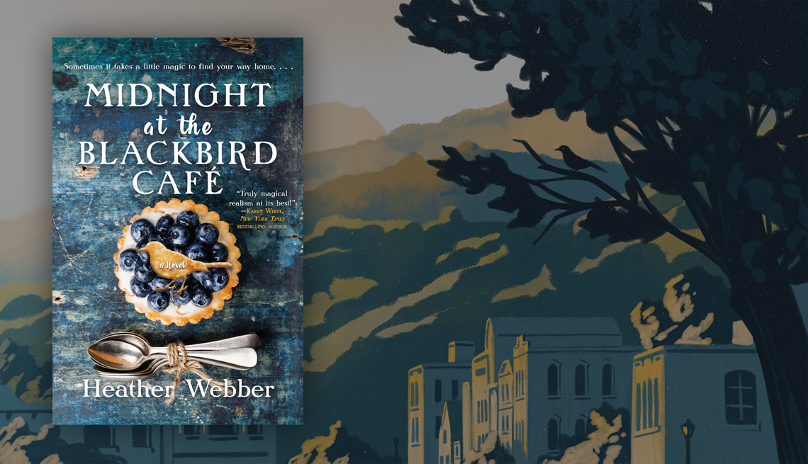 cover of Midnight at the Blackbird Cafe by Heather Webber overlaid on an illustration depicting buildings on a small-town street with mountains behind them and a tree with birds in its branches