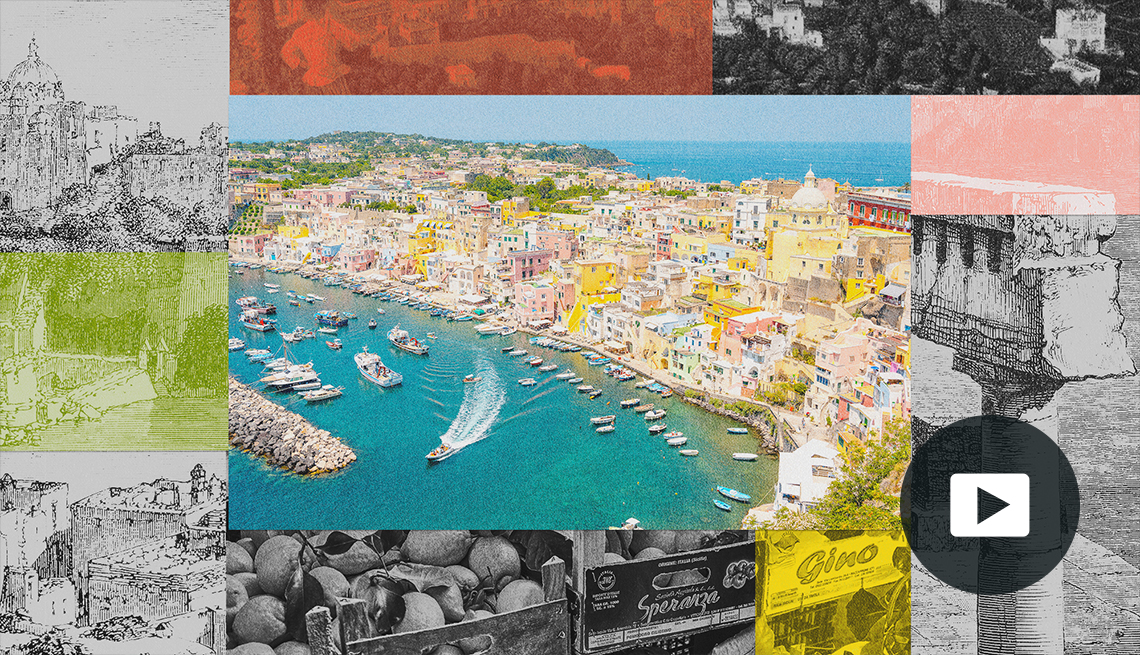 various images of naples and southern italy in a collage; play button on bottom right corner