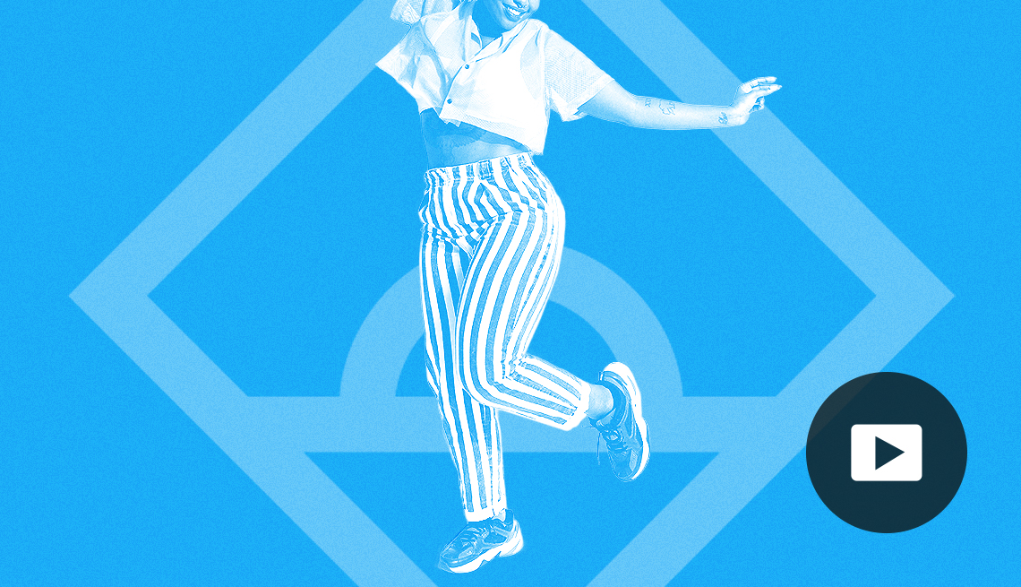 woman with left arm extended away from body, right arm up in air, and left knee bent, surrounded by light blue diamond graphic on blue background; play button on bottom right corner
