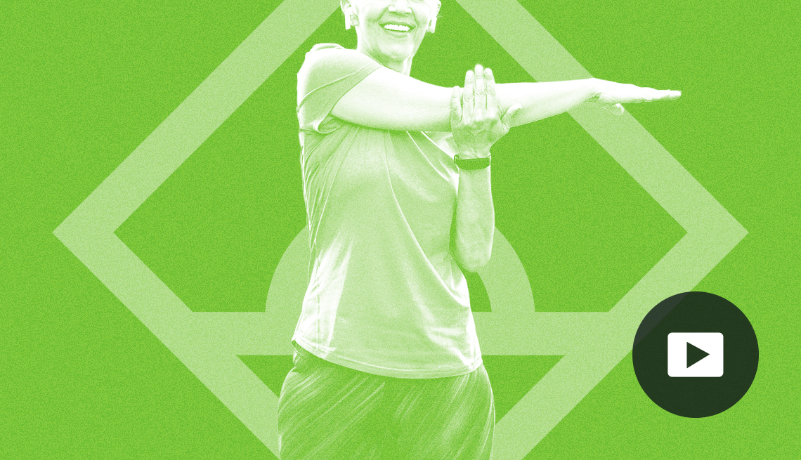 person stretching arm across body in front of light green diamond illustration and green background; play button on bottom right corner
