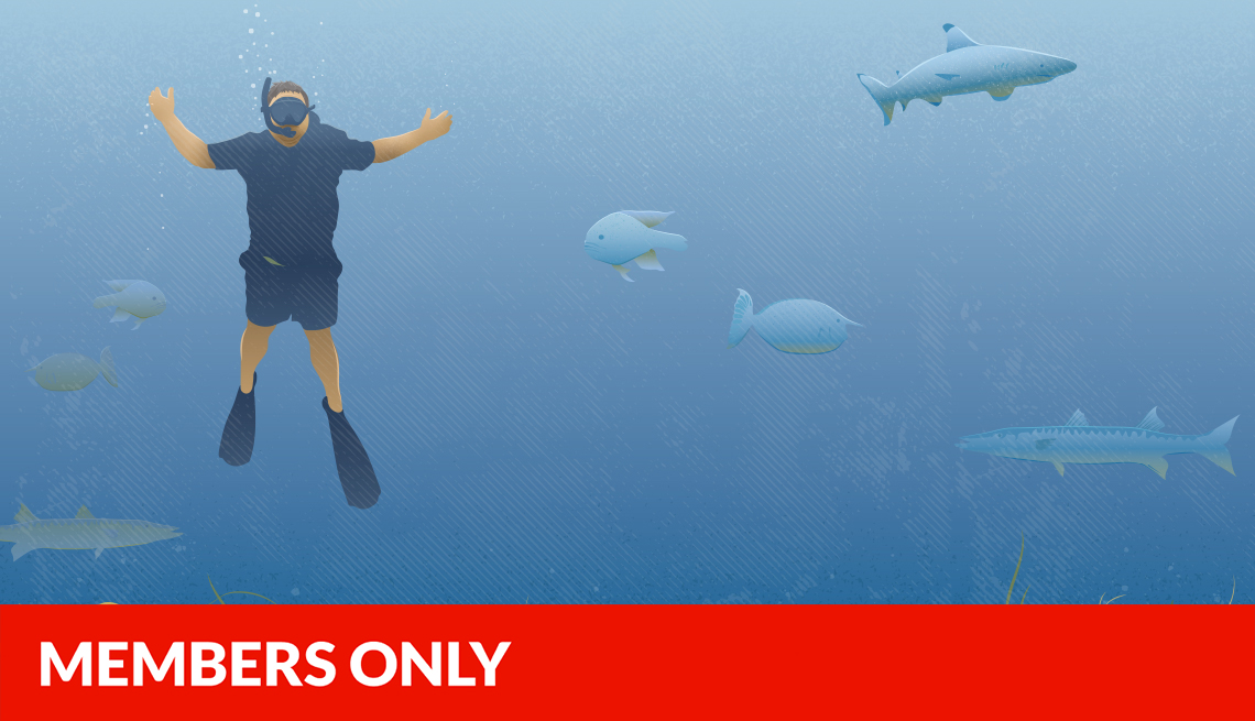 illustration of man underwater with snorkel on, swimming with fish; red members only banner on bottom