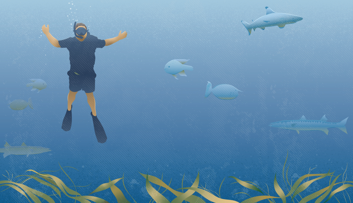 illustration of man underwater with snorkel on, swimming with fish